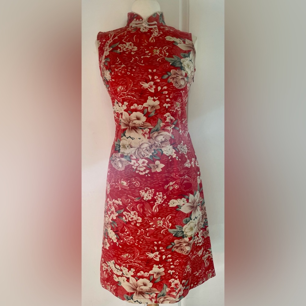 Vintage red, floral East Asian style dress.